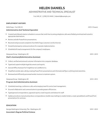 Administrative And Technical Specialist Resume