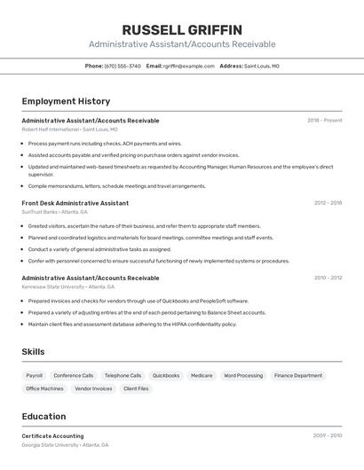 Administrative Assistant/Accounts Receivable Resume