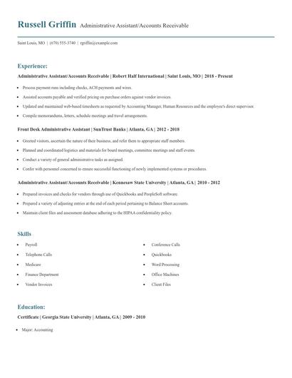 Administrative Assistant/Accounts Receivable Resume