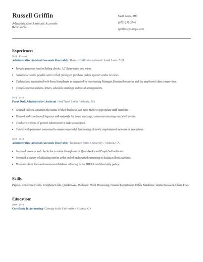 Administrative Assistant/Accounts Receivable Resume