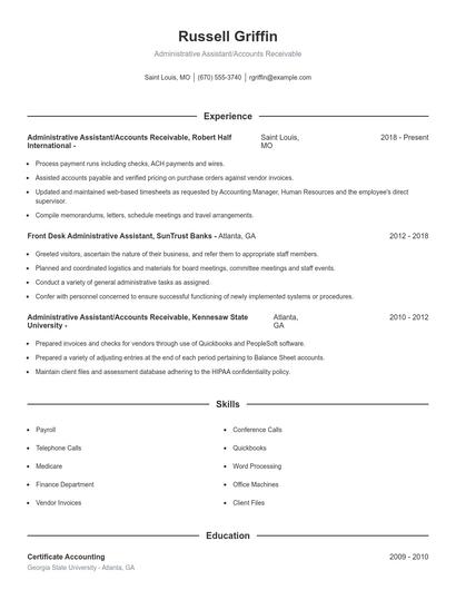 Administrative Assistant/Accounts Receivable Resume