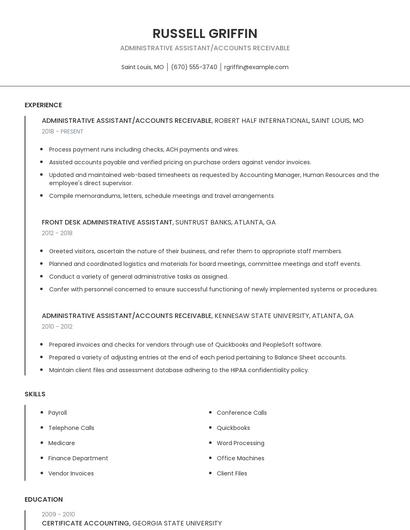 Administrative Assistant/Accounts Receivable Resume