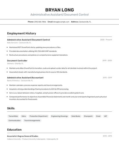 Administrative Assistant/Document Control Resume