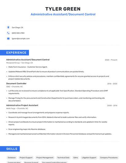 Administrative Assistant/Document Control Resume