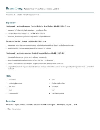 Administrative Assistant/Document Control Resume
