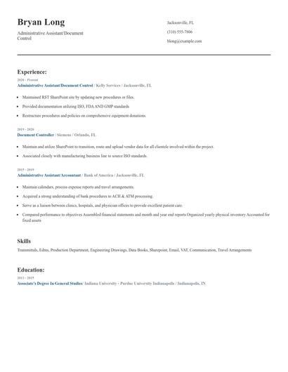 Administrative Assistant/Document Control Resume