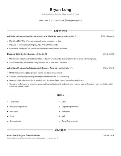 Administrative Assistant/Document Control Resume