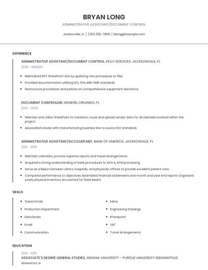Administrative Assistant/Document Control Resume