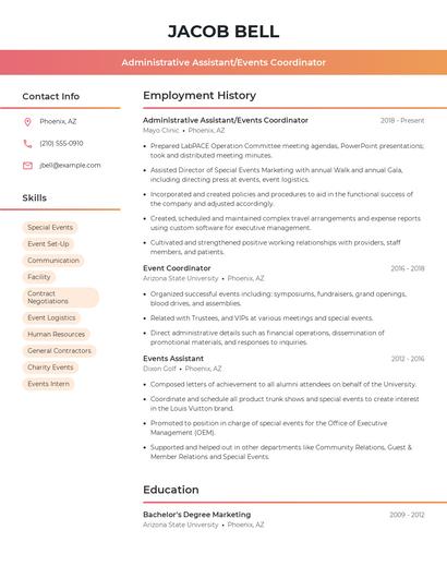Administrative Assistant/Events Coordinator Resume