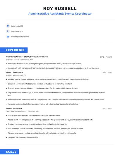 Administrative Assistant/Events Coordinator Resume