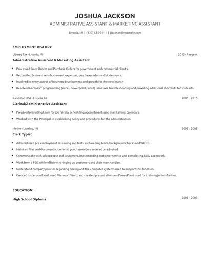 Administrative Assistant & Marketing Assistant Resume