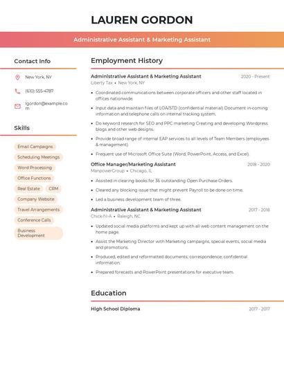 Administrative Assistant & Marketing Assistant Resume