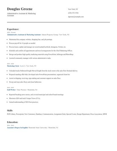 Administrative Assistant & Marketing Assistant Resume