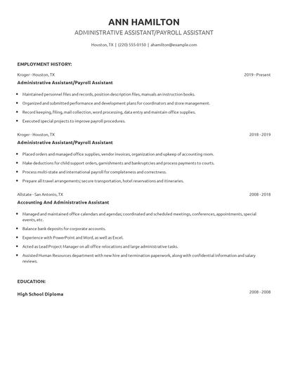 Administrative Assistant/Payroll Assistant Resume