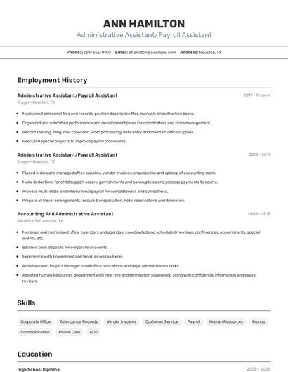 Administrative Assistant/Payroll Assistant Resume