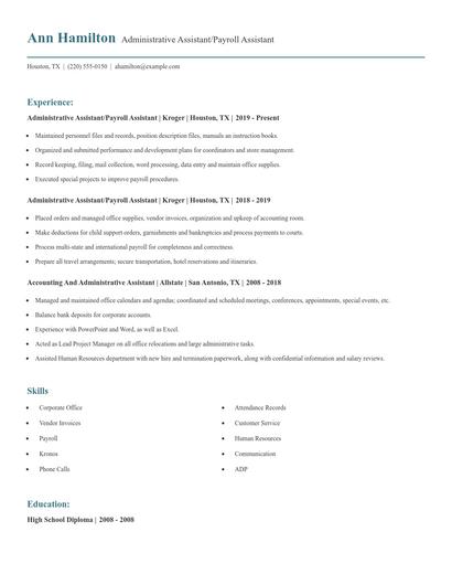 Administrative Assistant/Payroll Assistant Resume