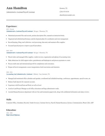 Administrative Assistant/Payroll Assistant Resume