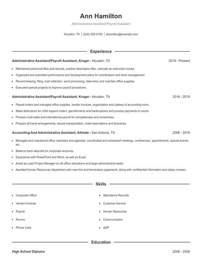 Administrative Assistant/Payroll Assistant Resume