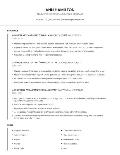 Administrative Assistant/Payroll Assistant Resume