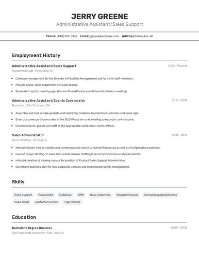 Administrative Assistant/Sales Support Resume