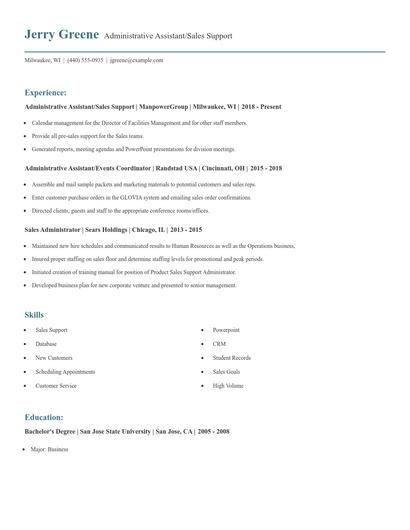 Administrative Assistant/Sales Support Resume