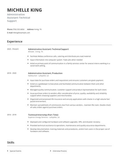 Administrative Assistant-Technical Support Resume