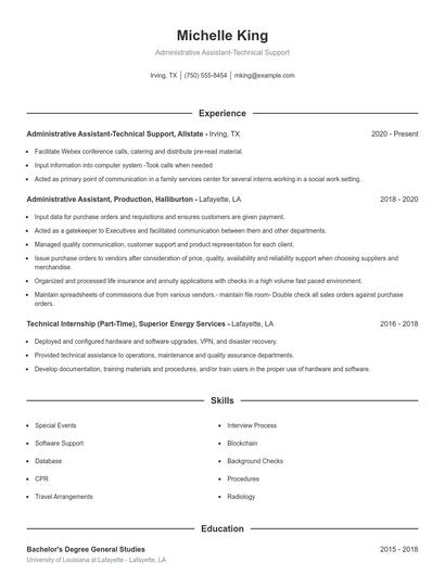 Administrative Assistant-Technical Support Resume