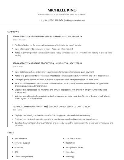 Administrative Assistant-Technical Support Resume