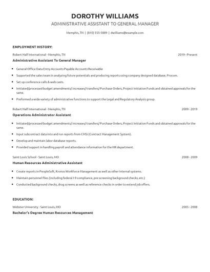 Administrative Assistant To General Manager Resume