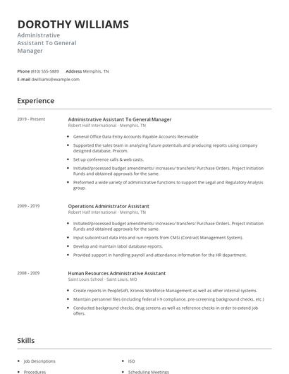 Administrative Assistant To General Manager Resume