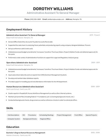 Administrative Assistant To General Manager Resume