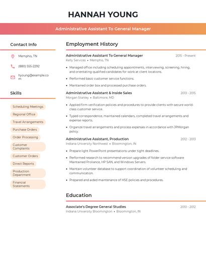 Administrative Assistant To General Manager Resume