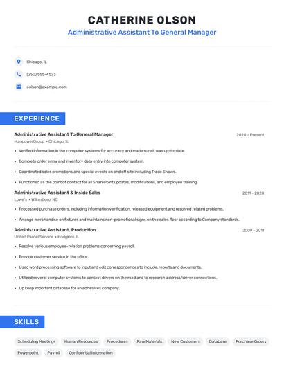 Administrative Assistant To General Manager Resume