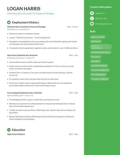 Administrative Assistant To General Manager Resume