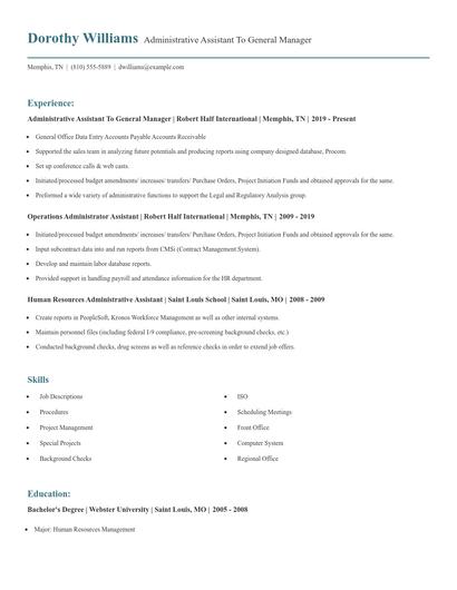 Administrative Assistant To General Manager Resume