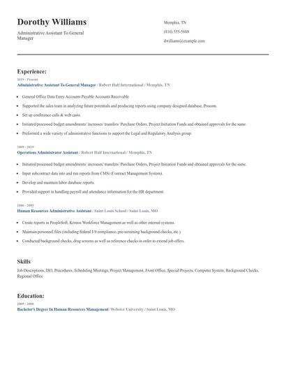 Administrative Assistant To General Manager Resume