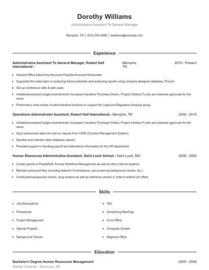 Administrative Assistant To General Manager Resume