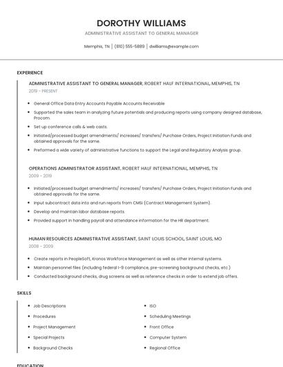 Administrative Assistant To General Manager Resume
