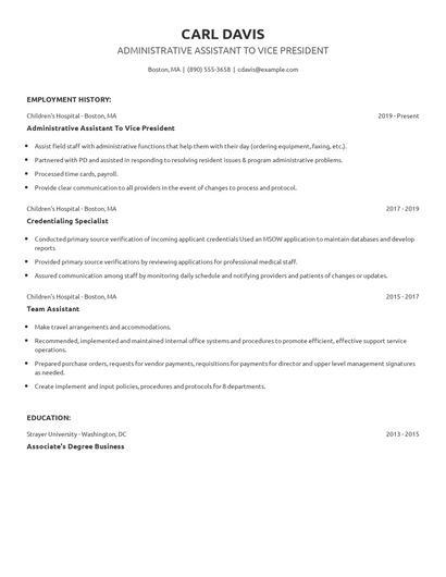 Administrative Assistant To Vice President Resume