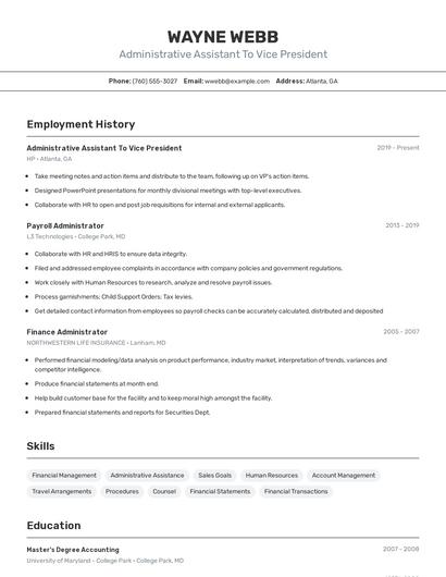 Administrative Assistant To Vice President Resume