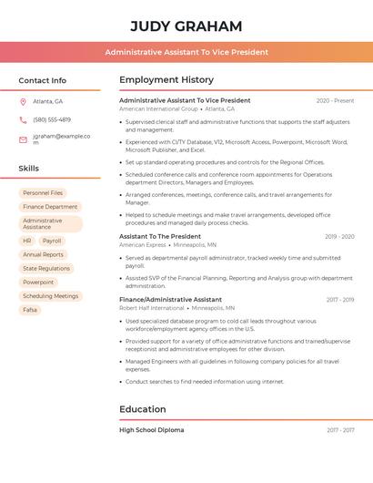 Administrative Assistant To Vice President Resume