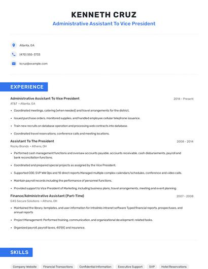 Administrative Assistant To Vice President Resume