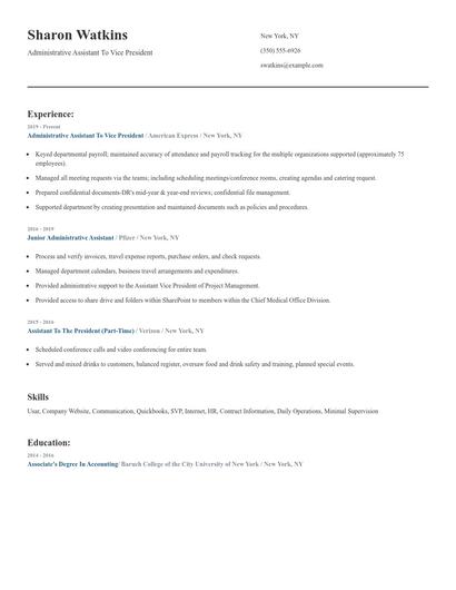 Administrative Assistant To Vice President Resume