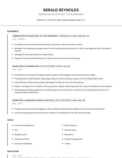 Administrative Assistant To Vice President Resume