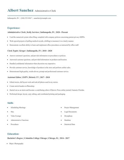 Administrative Clerk Resume