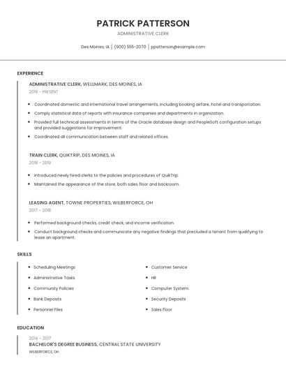 Administrative Clerk Resume