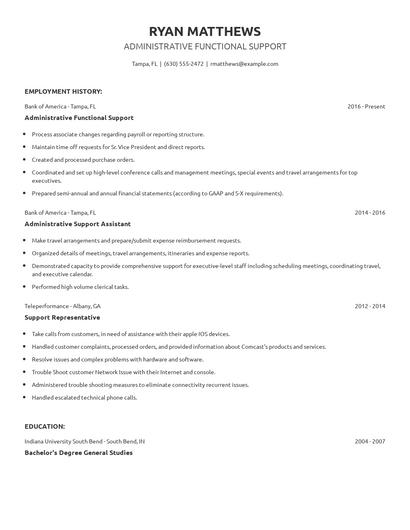 Administrative Functional Support Resume