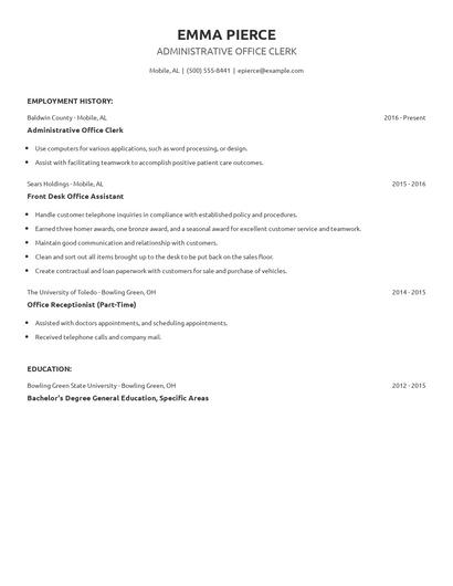 Administrative Office Clerk Resume