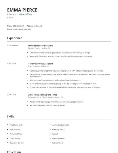 Administrative Office Clerk Resume
