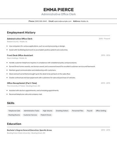 Administrative Office Clerk Resume